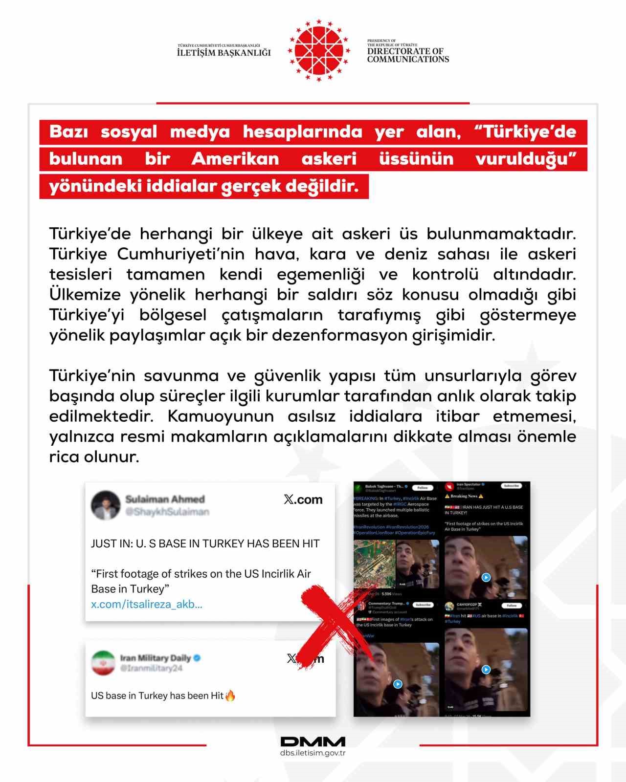 DMM: "Türkiye’de herhangi bir ülkeye ait askeri üs bulunmamaktadır"
DMM: "Türkiye’de herhangi bir ülkeye ait askeri üs bulunmamaktadır"