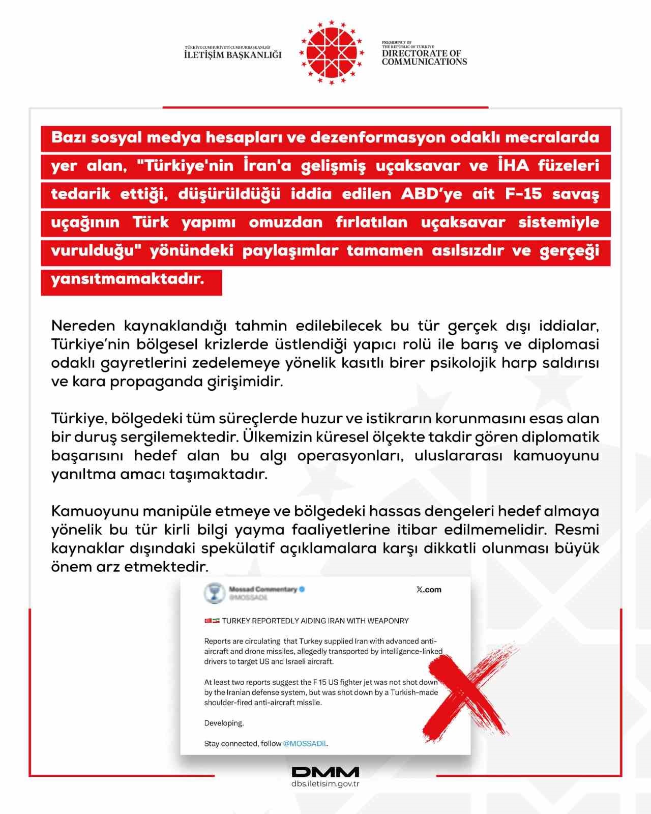DMM’den ABD’nin F-15 savaş uçağının Türk yapımı omuzdan fırlatılan uçaksavar sistemiyle vurulduğu iddialarına yalanma
DMM’den ABD’nin F-15 savaş uçağının Türk yapımı omuzdan fırlatılan uçaksavar sistemiyle vurulduğu iddialarına yalanma