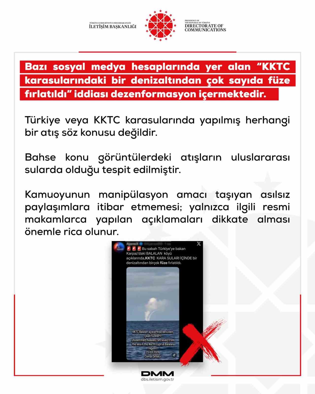 DMM’den "KKTC’de denizaltından füze fırlatıldı" iddiasına yalanlama
DMM’den "KKTC’de denizaltından füze fırlatıldı" iddiasına yalanlama