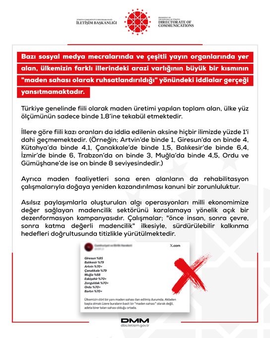 DMM’den Türkiye’deki arazi varlıklarının maden sahası olarak ruhsatlandırıldığı iddialarına yalanlama

