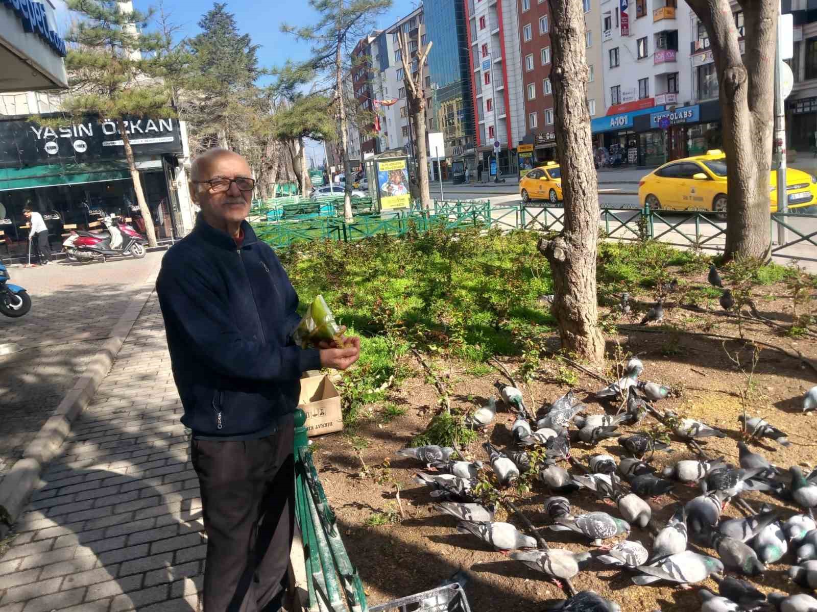 Dükkanının önüne gelen onlarca güvercini doyuruyor
