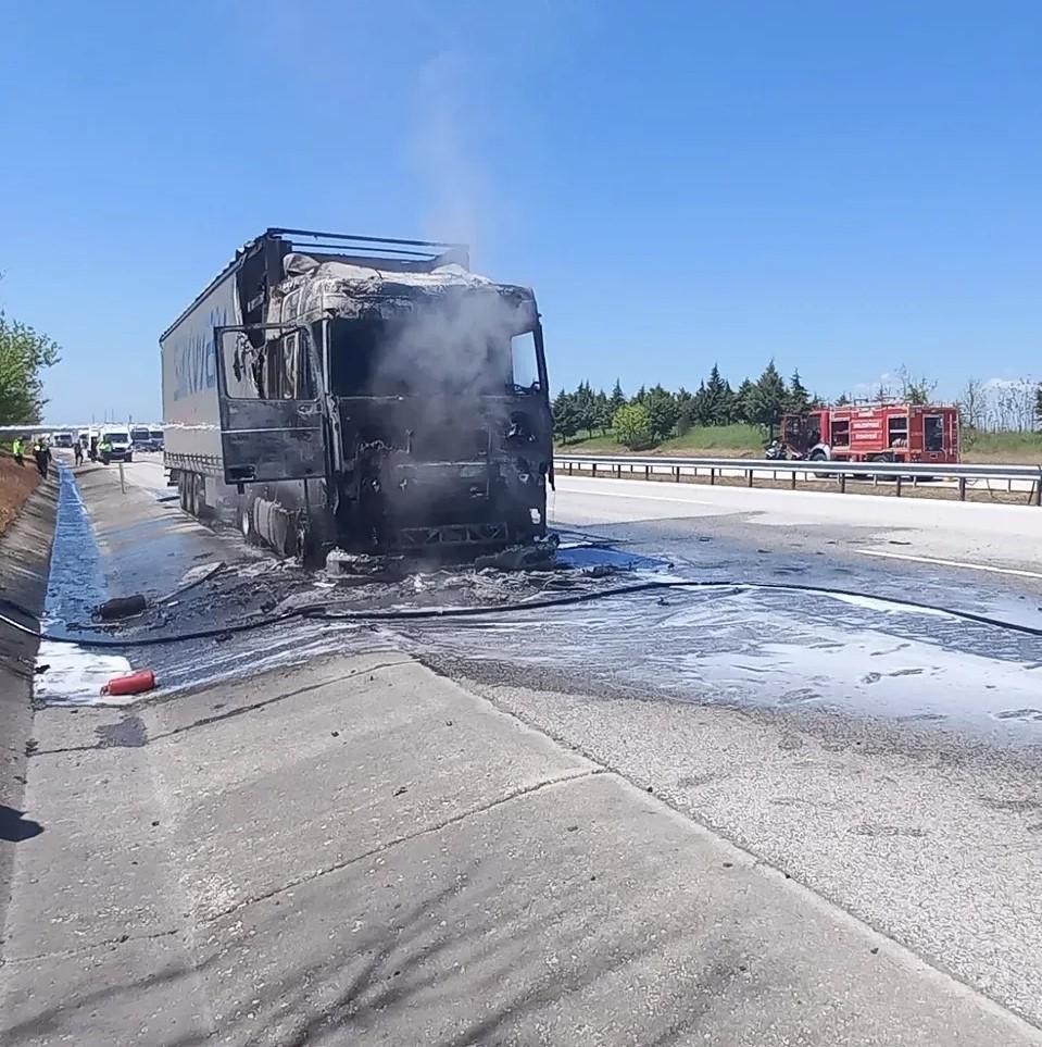 Edirne’de kereste yüklü tır yandı
