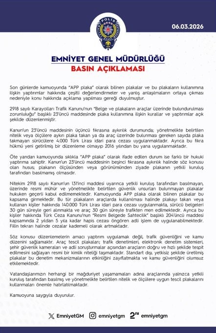 EGM’den "‘APP plaka" açıklaması: Resmi mühür ve güvenlik unsurları bulunmayan plakaları kullananlara 140 bin lira ceza uygulanacak
