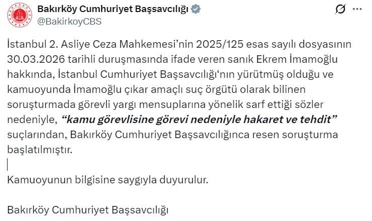 Ekrem İmamoğlu, hakkında "hakaret ve tehdit" suçlarından soruşturma başlatıldı
Ekrem İmamoğlu, hakkında "hakaret ve tehdit" suçlarından soruşturma başlatıldı