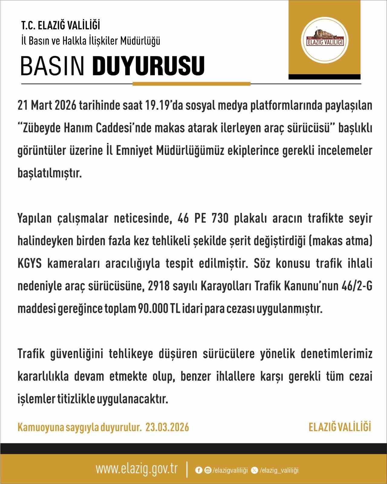 Elazığ’da tehlikeli sürüşe 90 bin TL ceza
Elazığ’da tehlikeli sürüşe 90 bin TL ceza