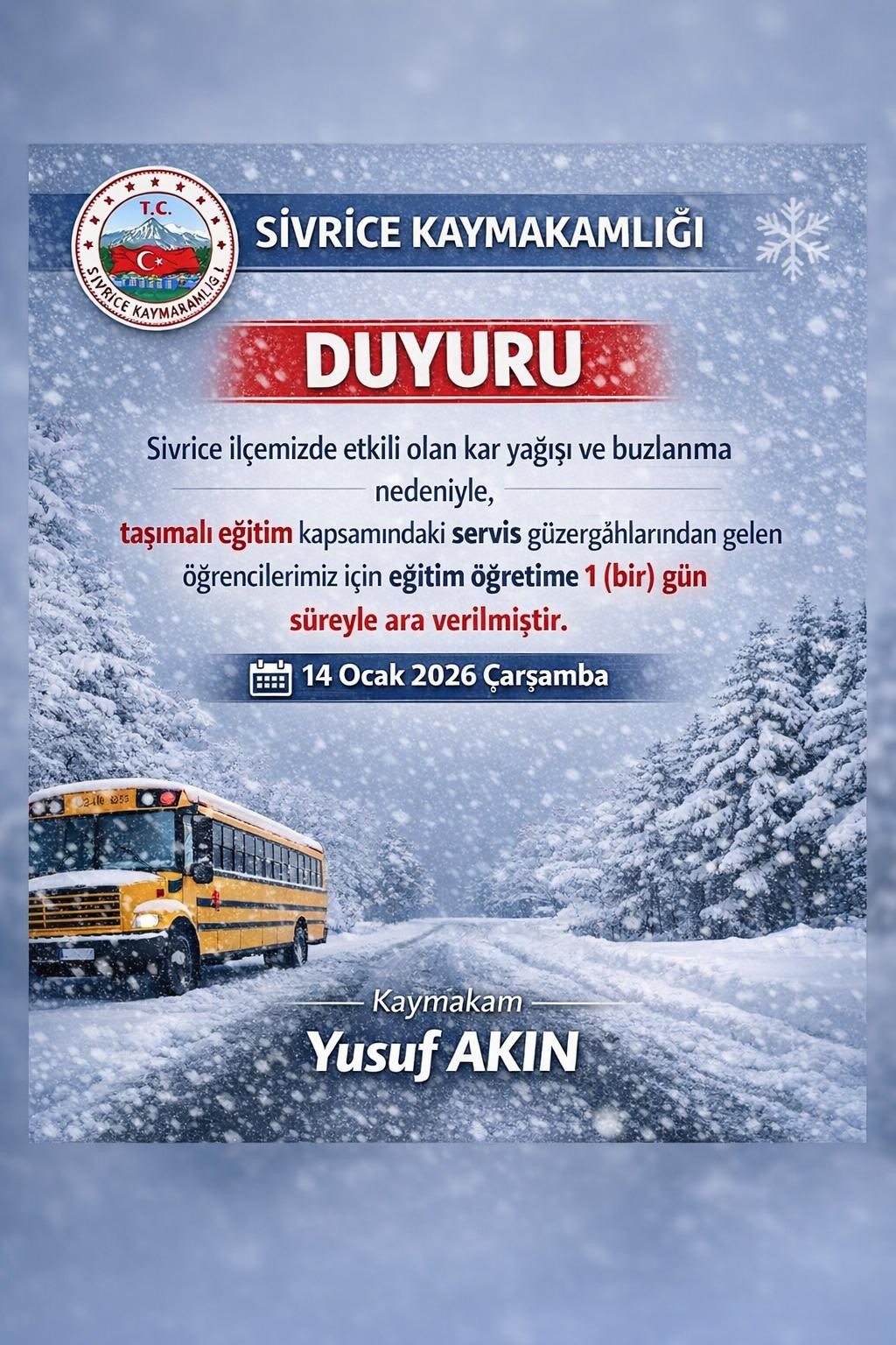 Elazığ’ın iki ilçesinde taşımalı eğitime ara verildi
