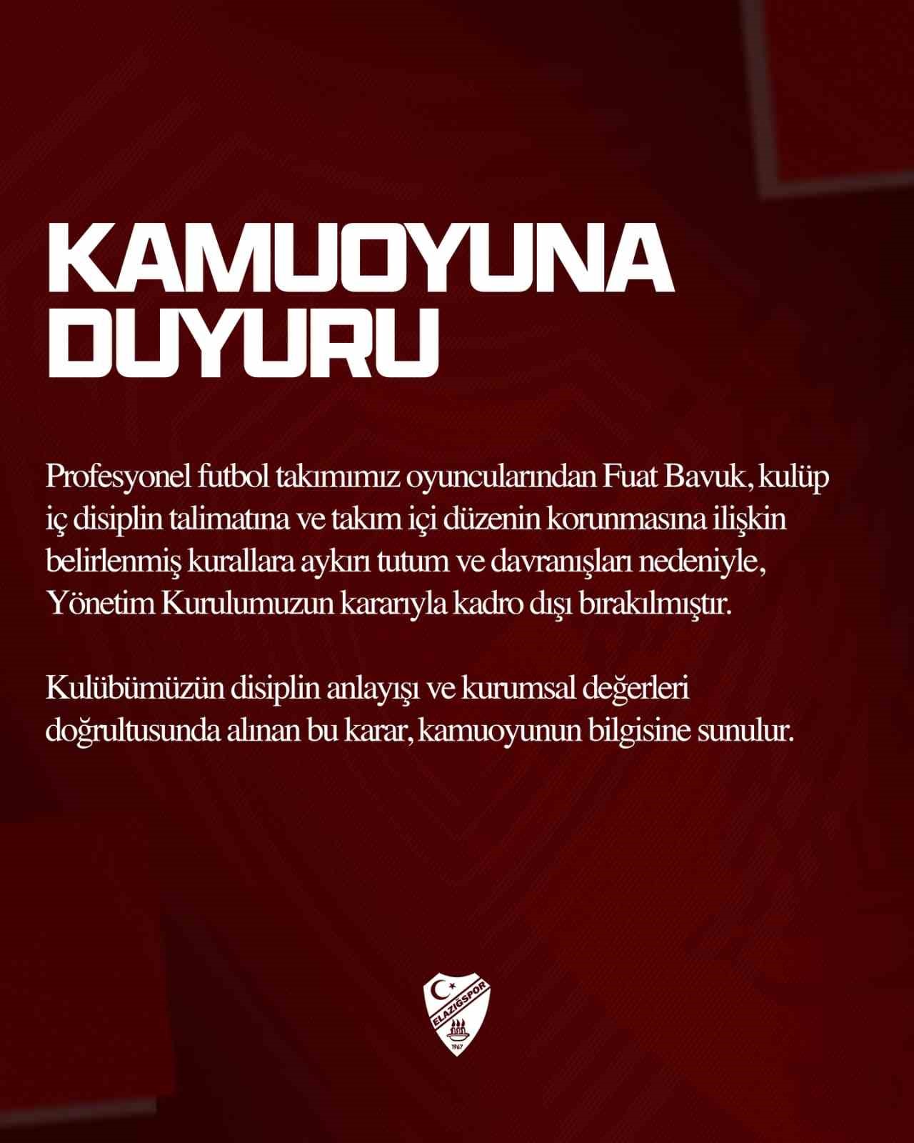 Elazığspor’da Fuat Bavuk kadrodışı bırakıldı
