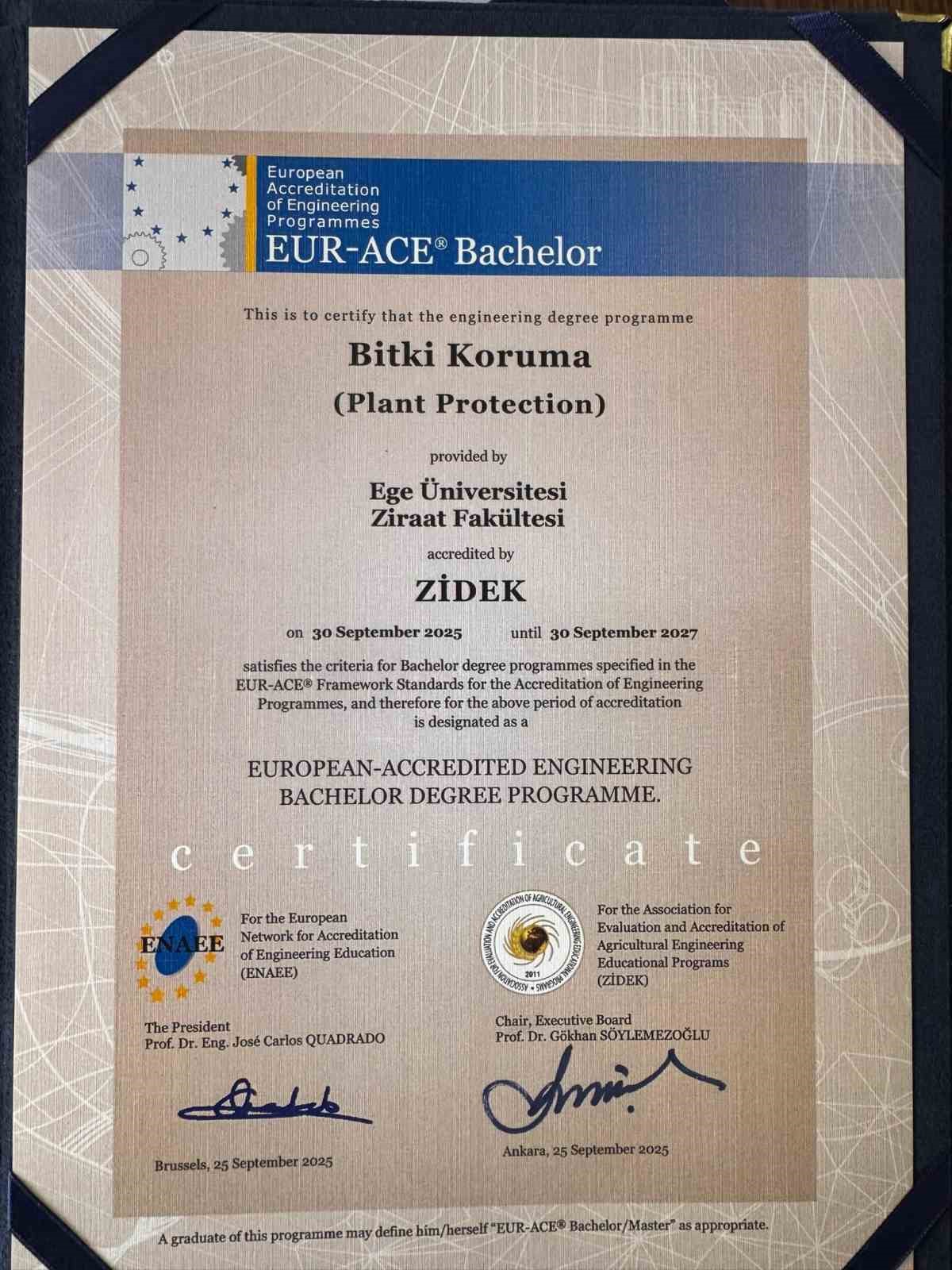 EÜ Ziraat Fakültesi "EUR-ACE Etiketi" alarak kalitesini uluslararası arenada tescilledi
