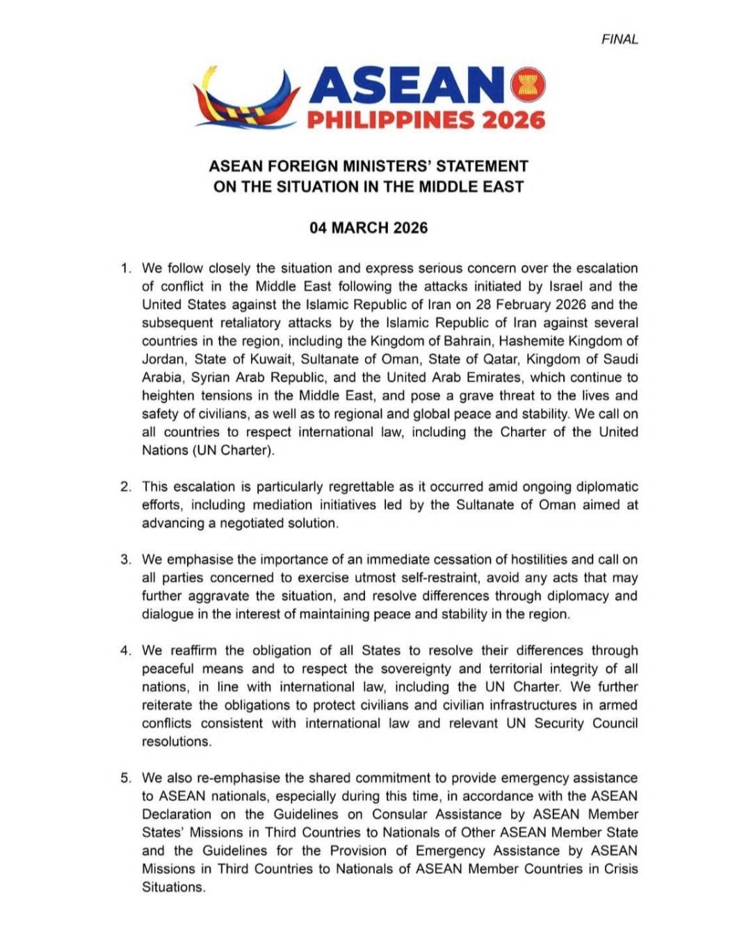 Güneydoğu Asya Uluslar Birliği’nden "Orta Doğu’da derhal ateşkes" çağrısı
