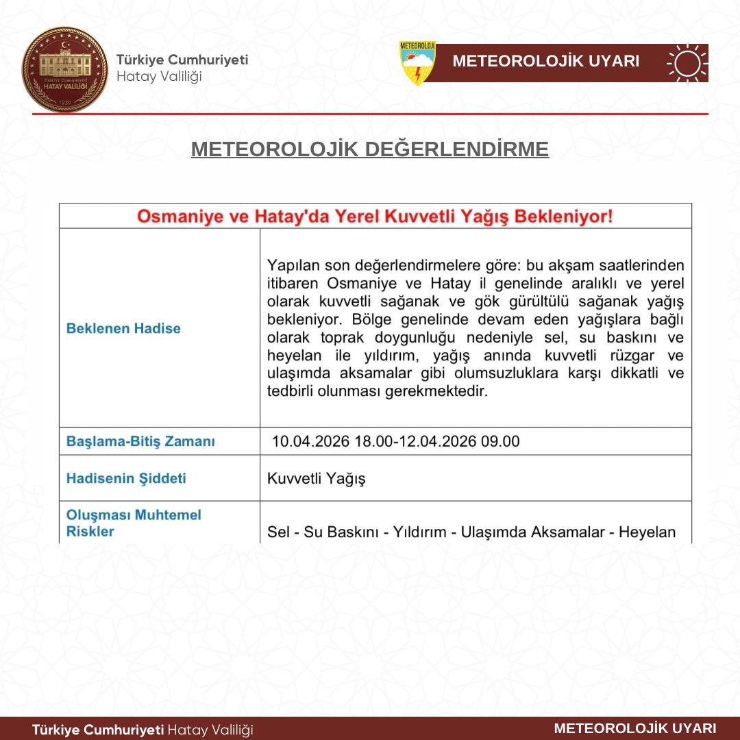 Hatay ve Osmaniye’yi hafta sonu kuvvetli yağış bekliyor
