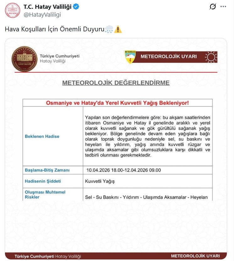 Hatay ve Osmaniye’yi hafta sonu kuvvetli yağış bekliyor
