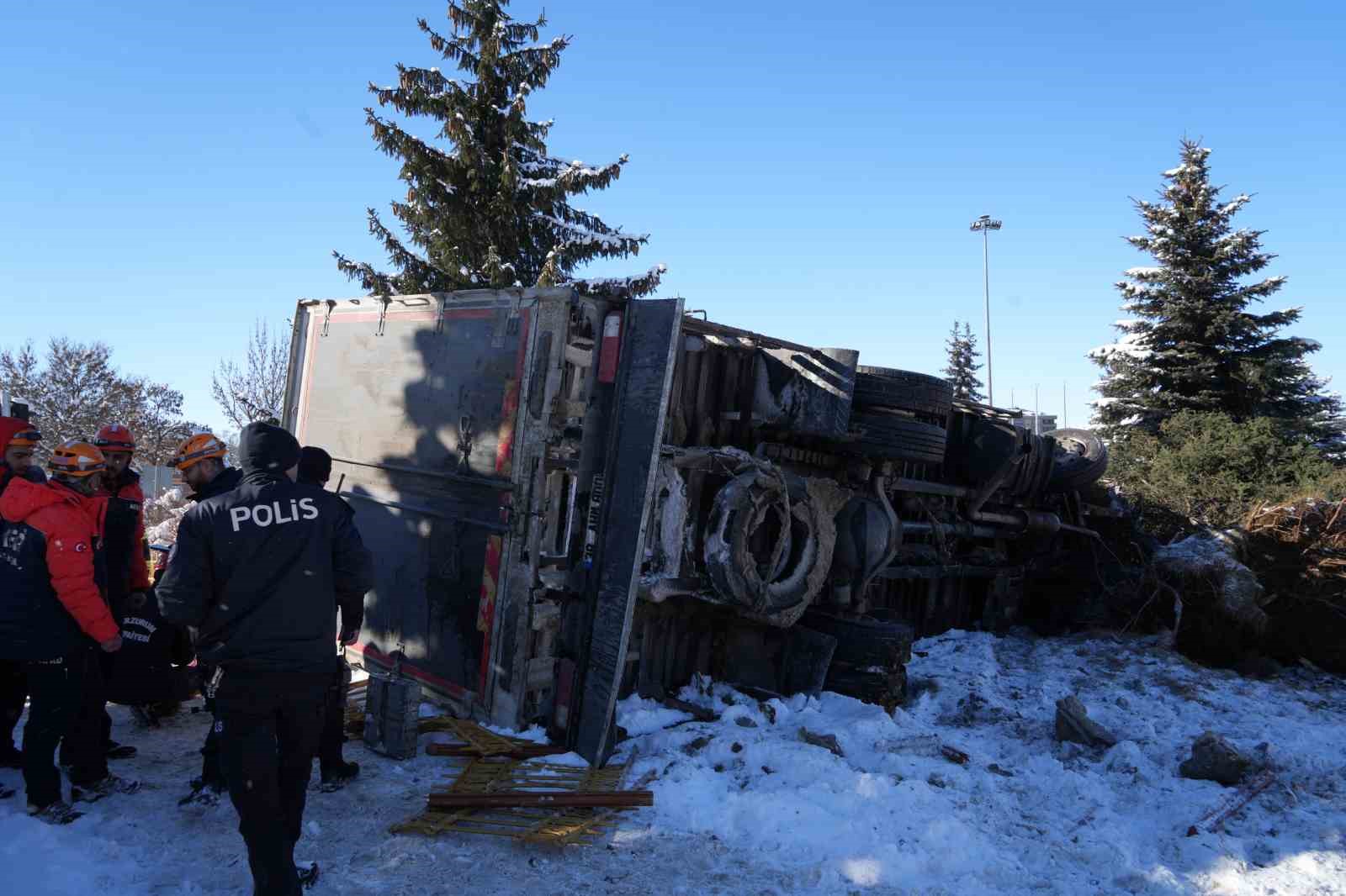 Işıklarda duramayan kamyon devrildi, çarptığı ağacı kökünden söktü
