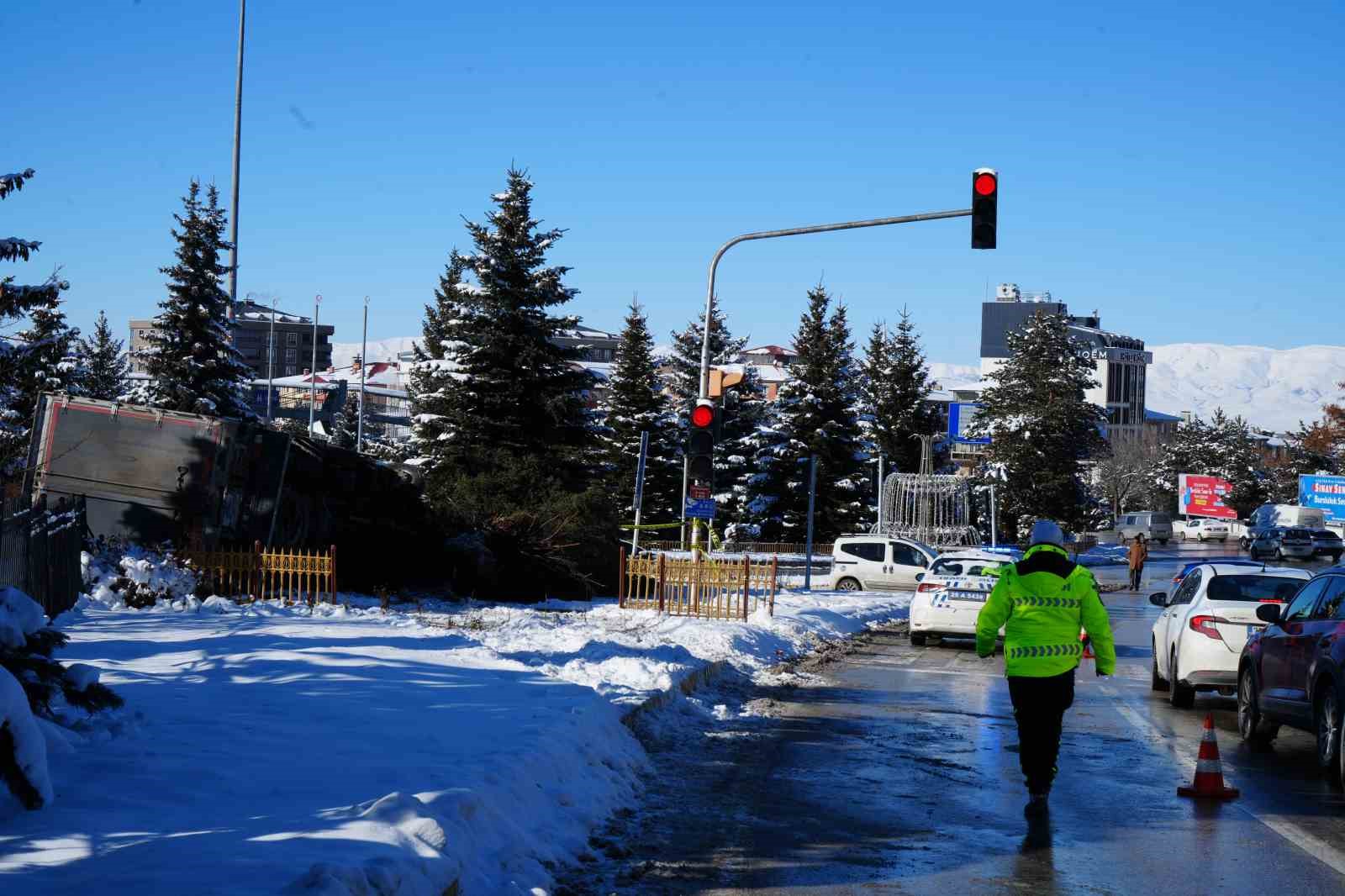 Işıklarda duramayan kamyon devrildi, çarptığı ağacı kökünden söktü
