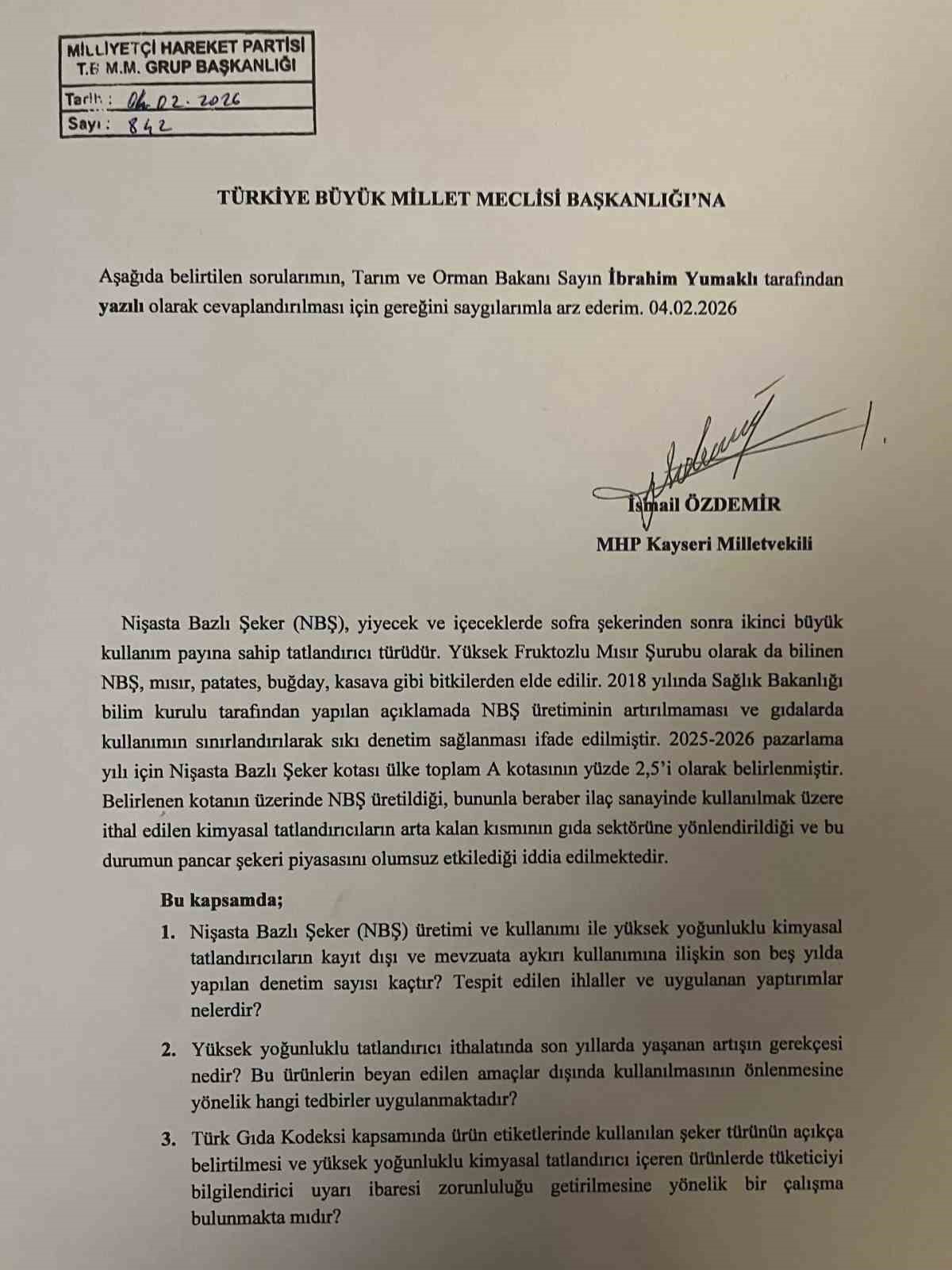 İsmail Özdemir’den şeker fabrikalarının sorunları hakkında soru önergesi
