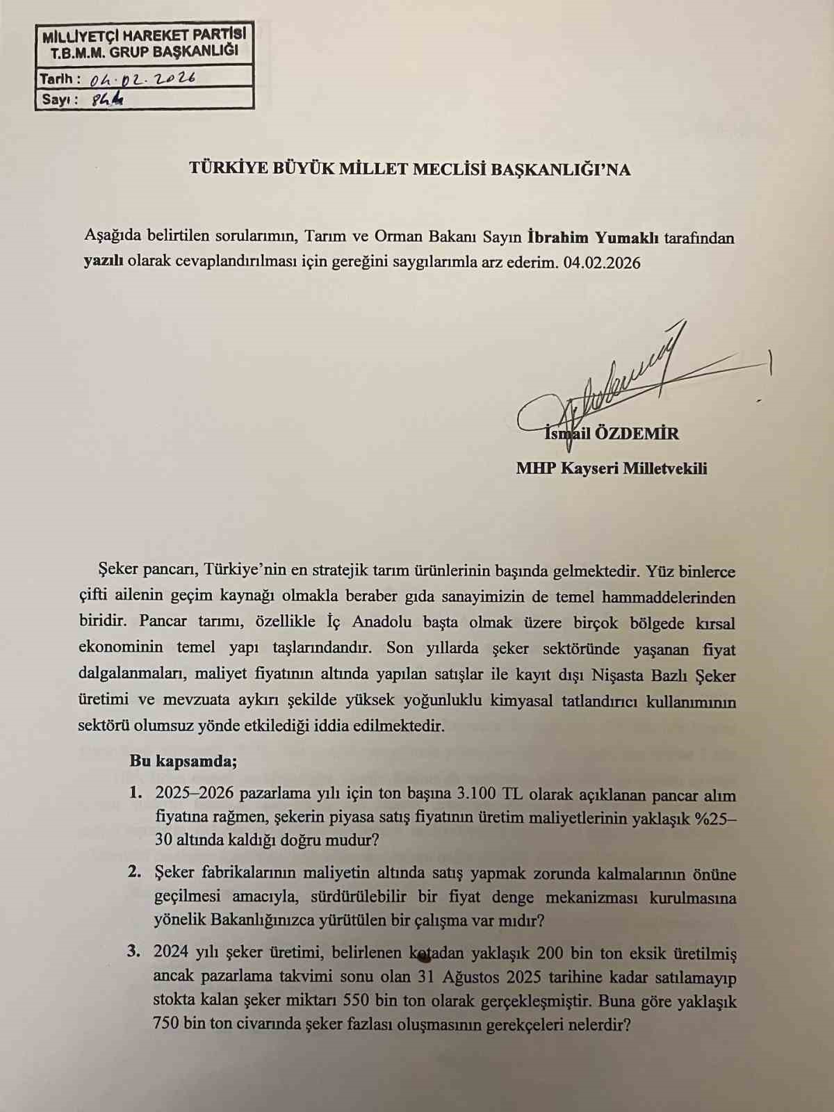 İsmail Özdemir’den şeker fabrikalarının sorunları hakkında soru önergesi
