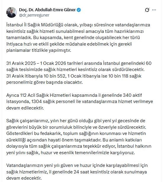 İstanbul’da yılbaşı hazırlığı: 31 Aralık’ta 10 bin 552 sağlık çalışanı görevinin başında olacak
