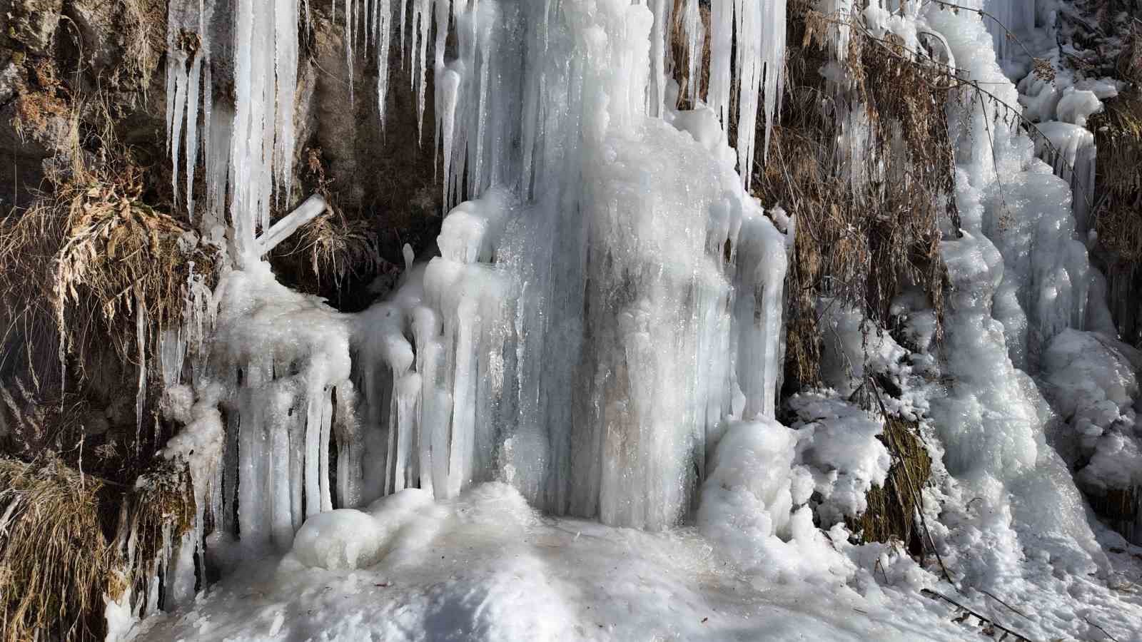 Kanyonda oluşan metrelerce boydaki buz sarkıtları görsel şölen sunuyor
