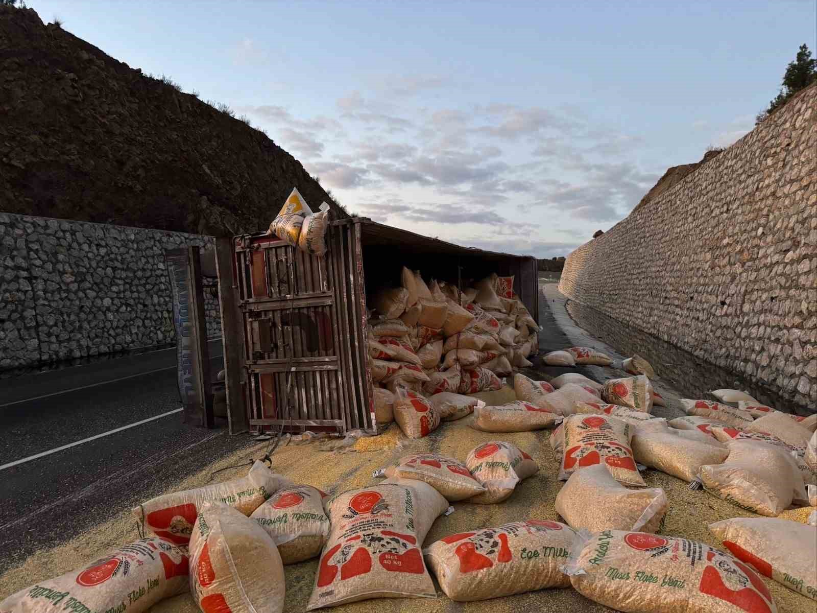 Karayolunda yem yüklü tır devrildi: 2 yaralı
