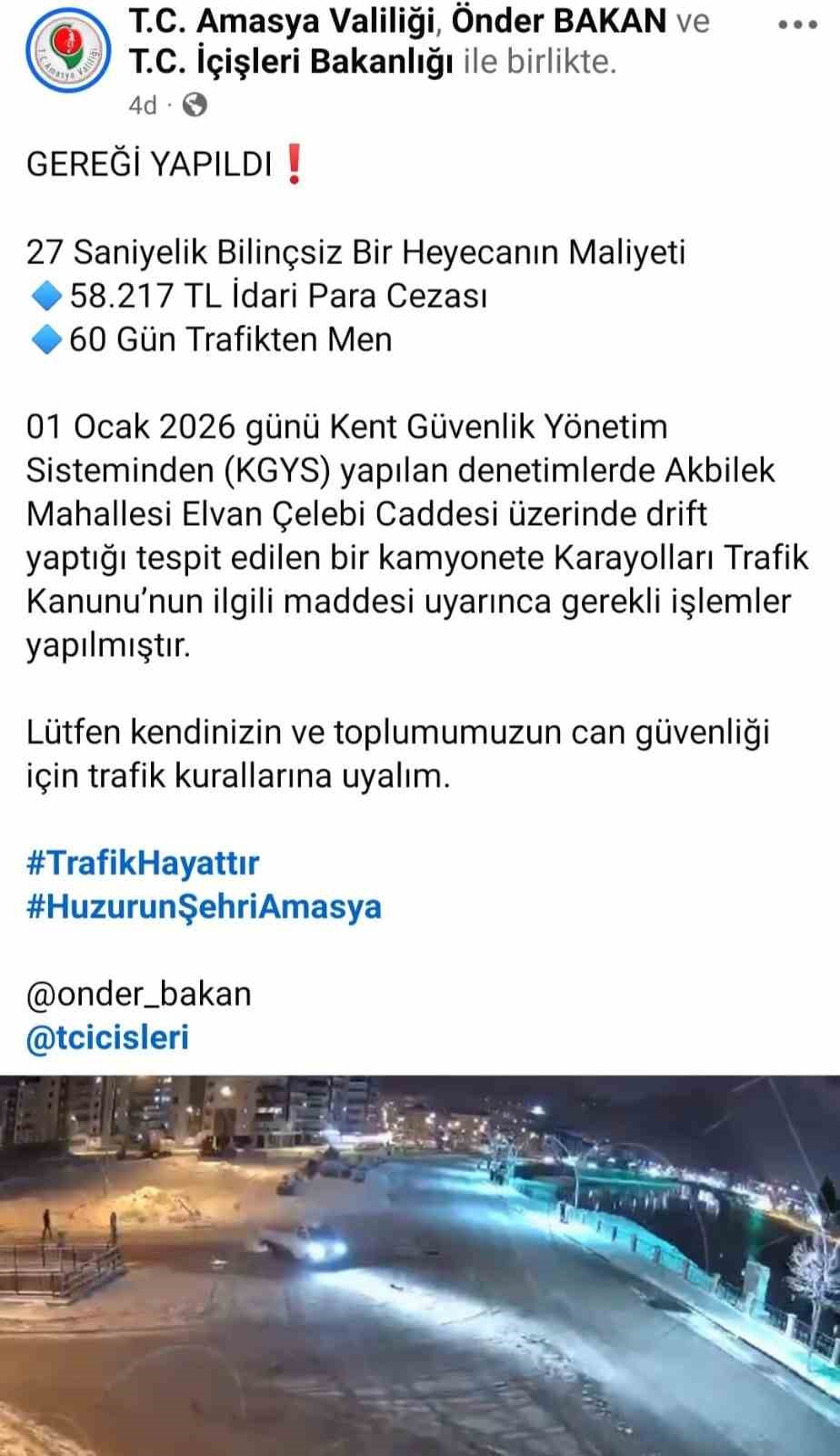 Karda 27 saniye drift yapan kamyonet sürücüsüne ceza yağdı: 58 bin 217 TL ceza, 60 gün trafikten men

