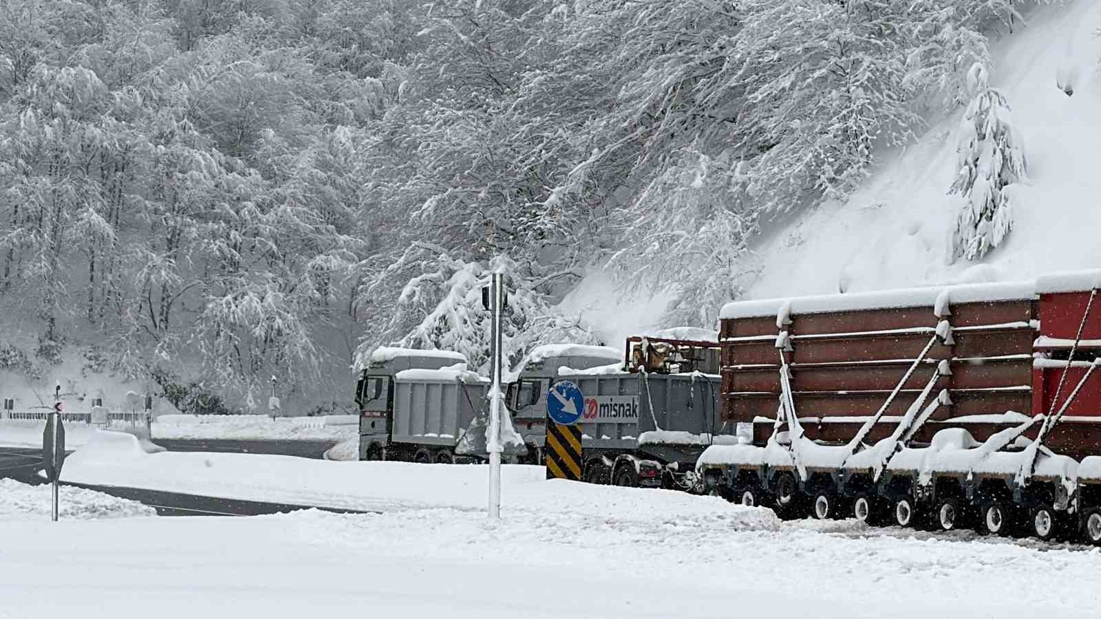 Karda yolda kalan tır, 2 çekici ile kurtarıldı
