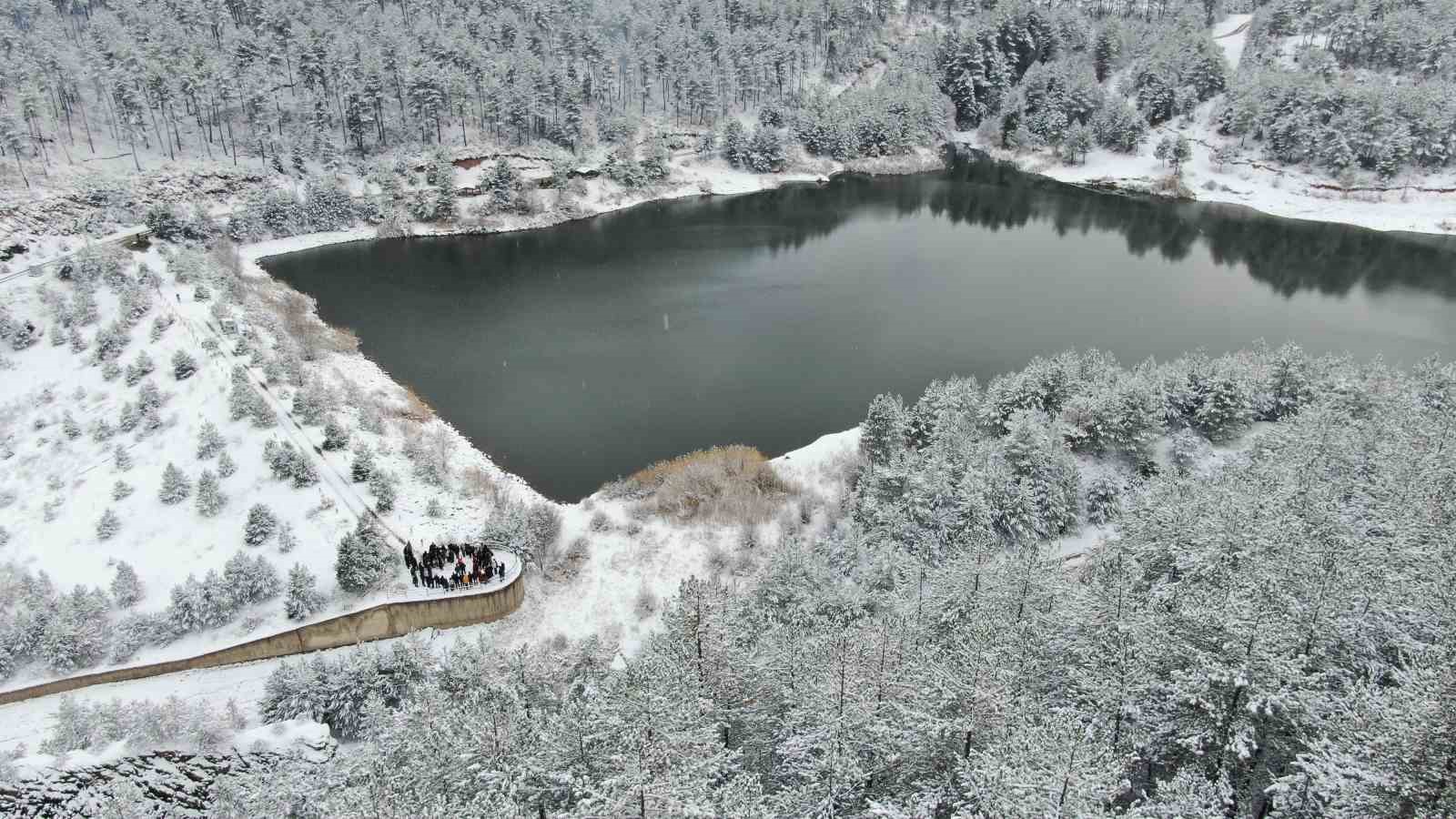 Karla kaplı orman içerisindeki gölet, kış manzarasıyla mest ediyor
