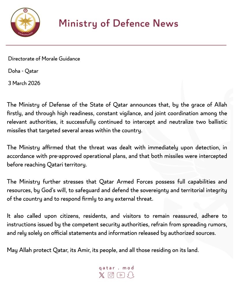 Katar Savunma Bakanlığı: "2 balistik füze daha engellendi"
