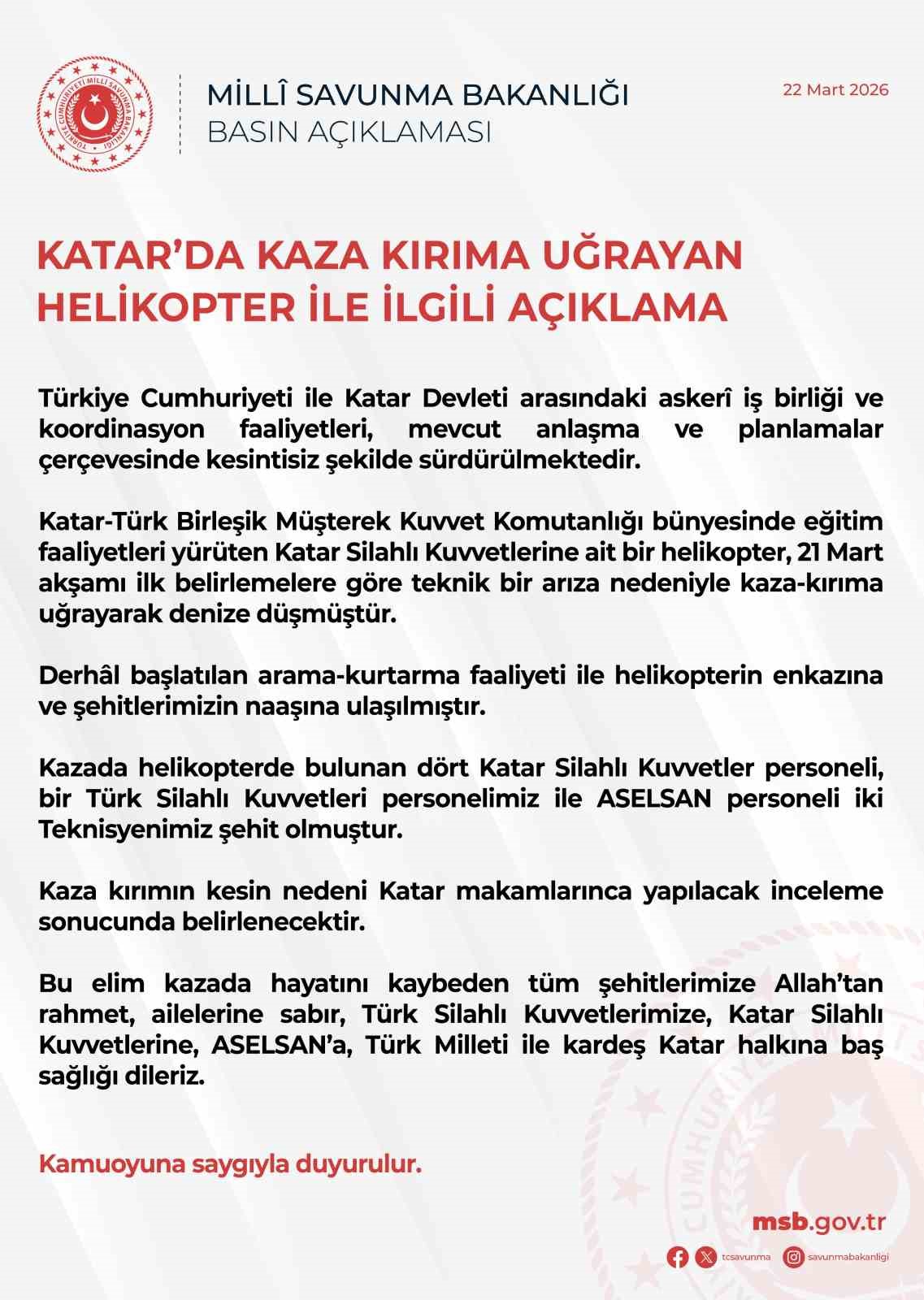 Katar’da askeri helikopter kazası: 3 Türk personel şehit
