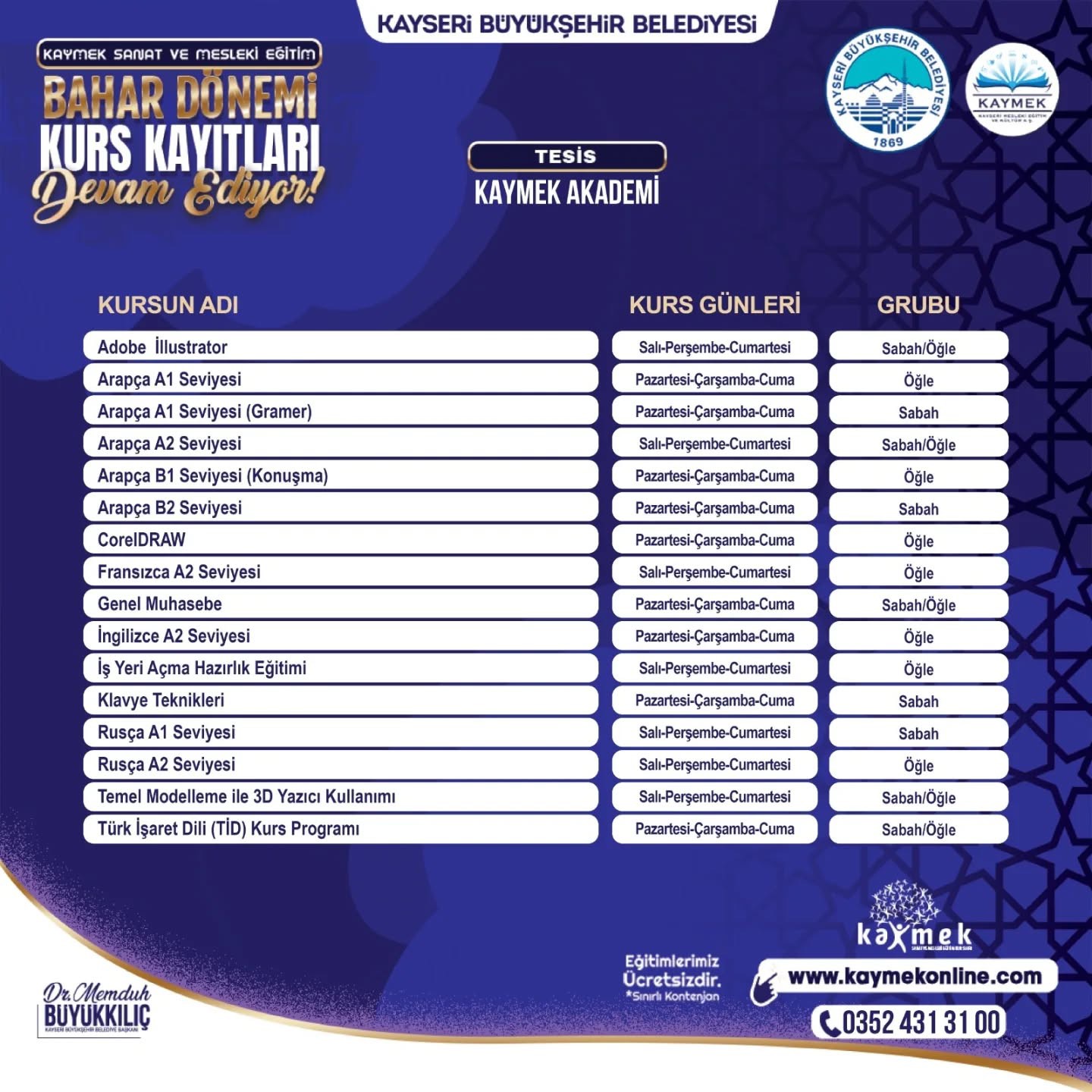 KAYMEK Sanat ve Mesleki Eğitim Bahar Dönemi Kurs kayıtları sürüyor
