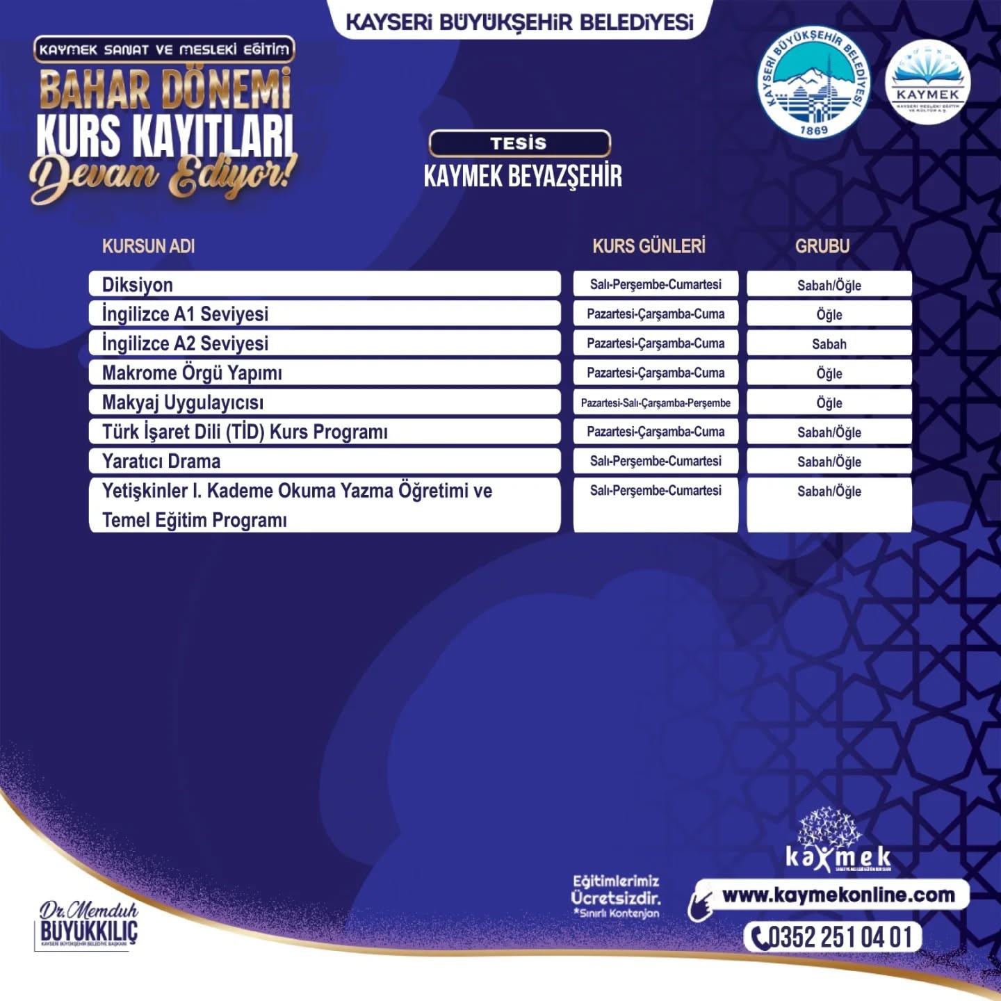 KAYMEK Sanat ve Mesleki Eğitim Bahar Dönemi Kurs kayıtları sürüyor
