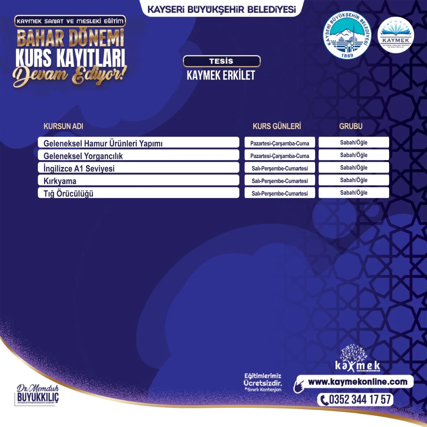 KAYMEK Sanat ve Mesleki Eğitim Bahar Dönemi Kurs kayıtları sürüyor
