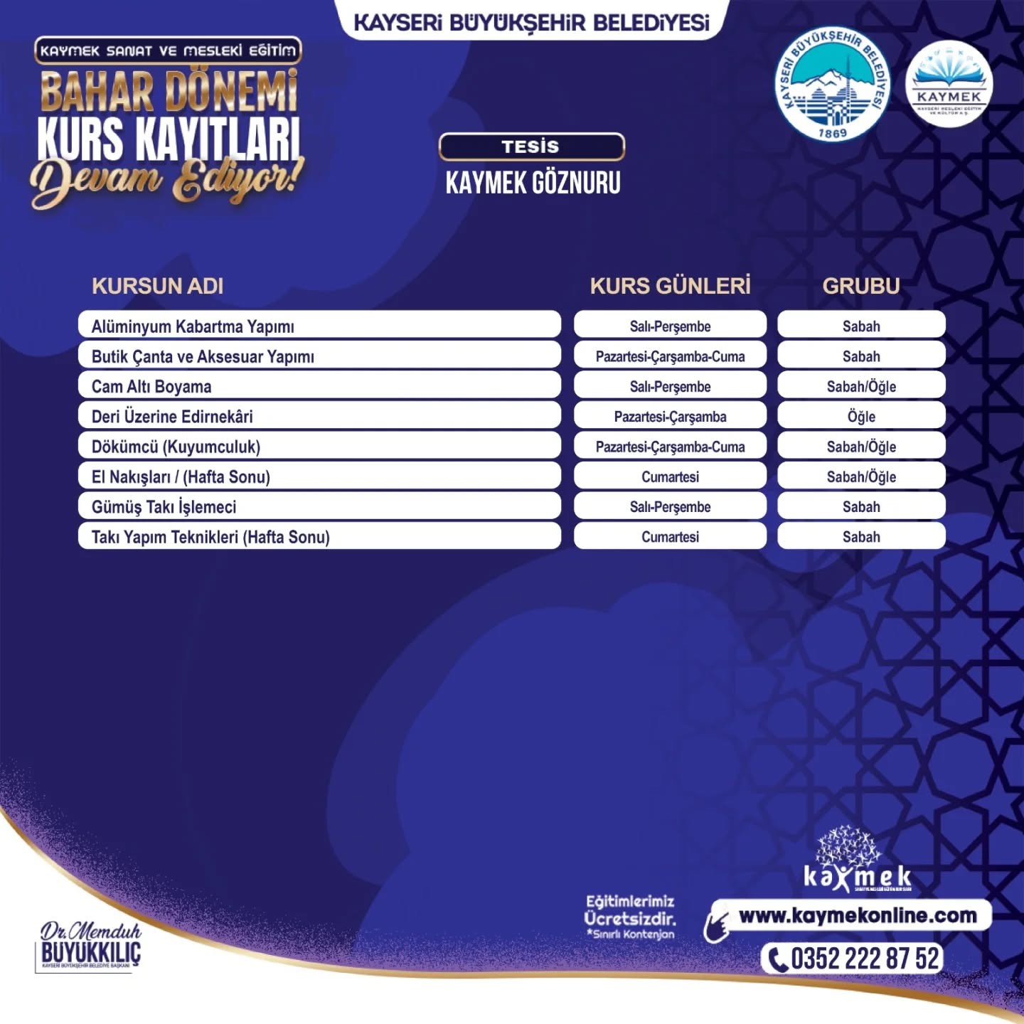 KAYMEK Sanat ve Mesleki Eğitim Bahar Dönemi Kurs kayıtları sürüyor
