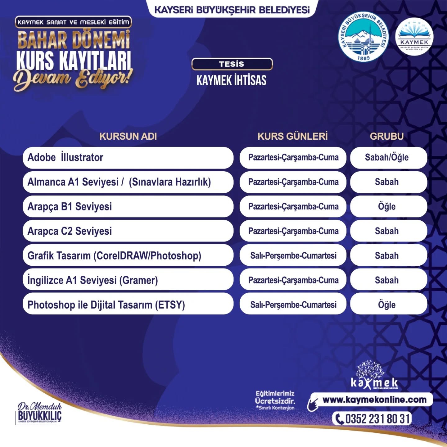 KAYMEK Sanat ve Mesleki Eğitim Bahar Dönemi Kurs kayıtları sürüyor
