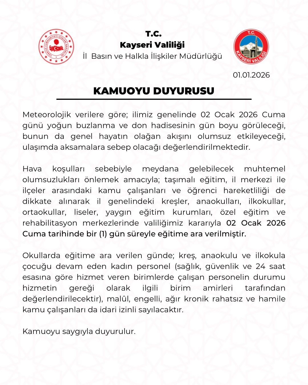 Kayseri’de eğitime kar engeli
