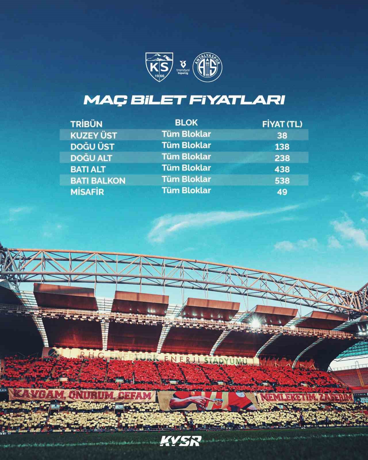 Kayserispor - Antalyaspor maçının bilet fiyatları belli oldu
