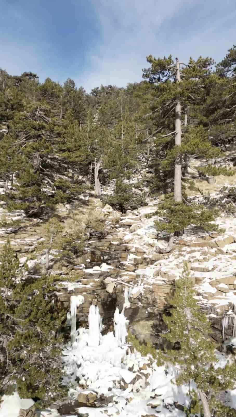 Kaz Dağları’nda görsel şölen; -12 derecede donan şelale büyüledi
