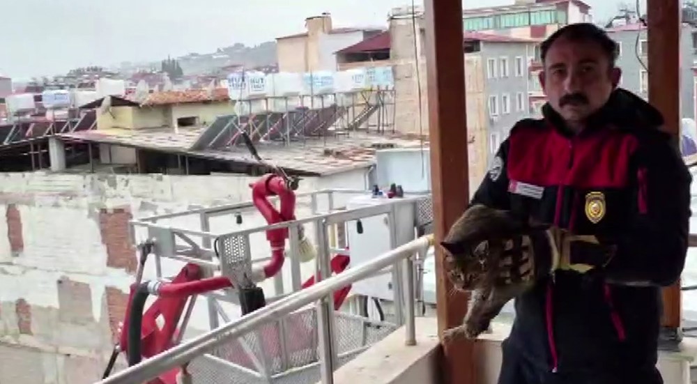 Kedi kurtarma operasyonuyla gönülleri fetheden itfaiye ekibine alkışlı teşekkür
