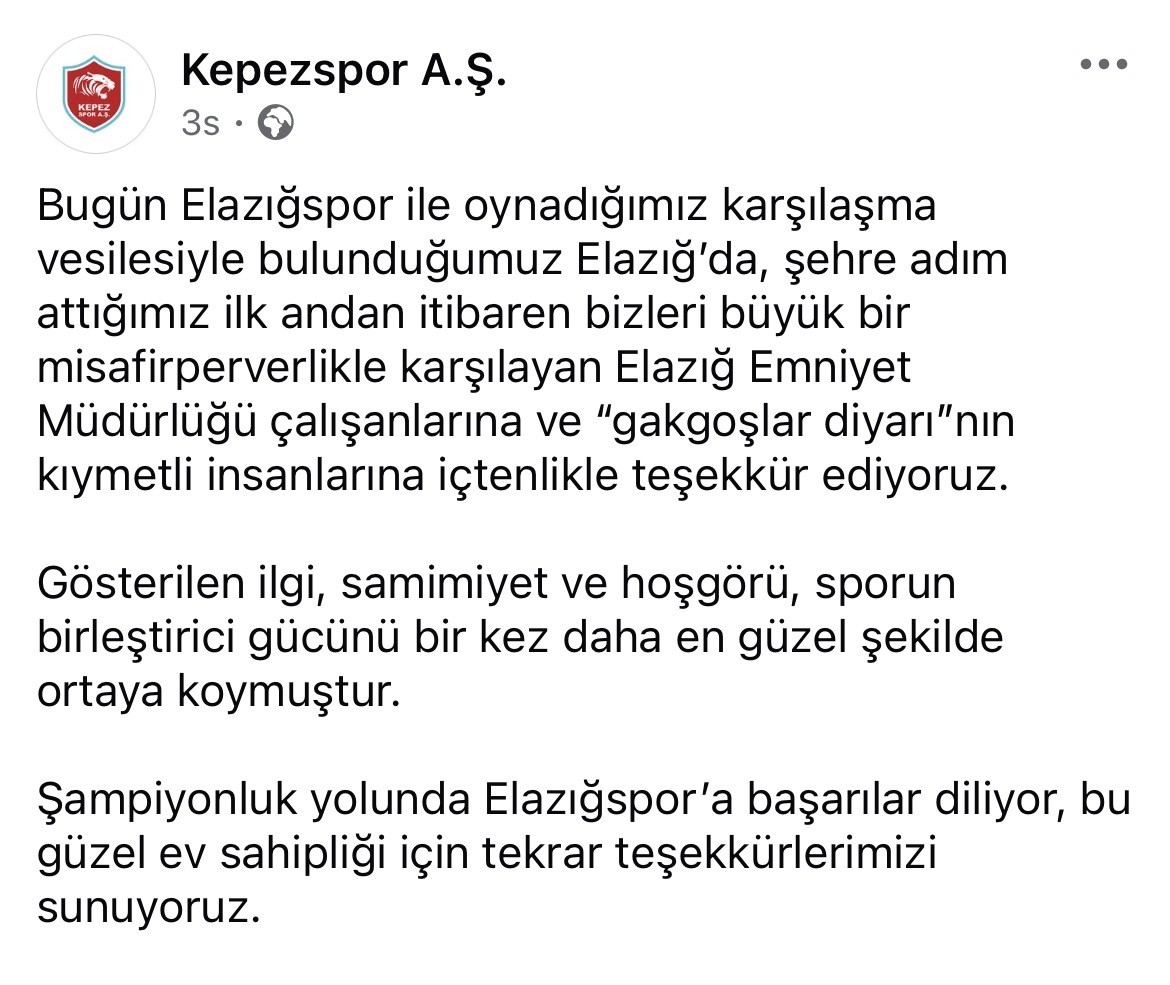 Kepezspor’dan Elazığ’a teşekkür ve övgü
