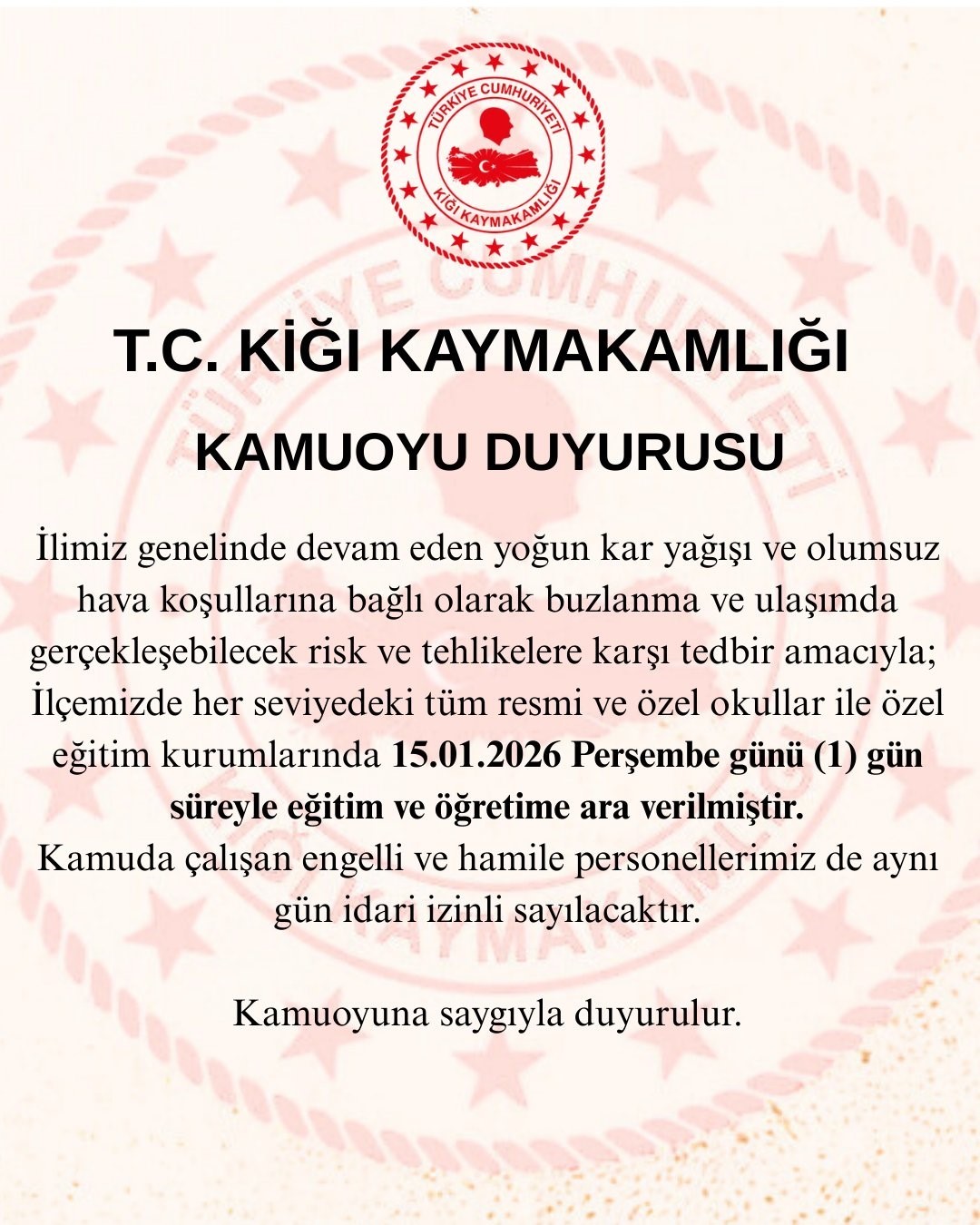 Kiğı ilçesinde eğitime 1 gün ara verildi
