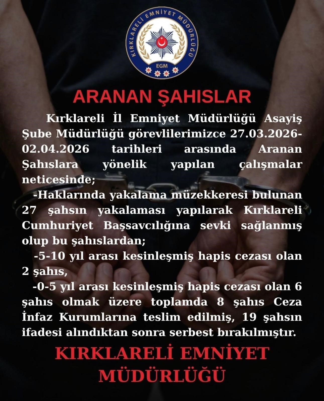 Kırklareli’nde aranan 8 kişi yakalandı
