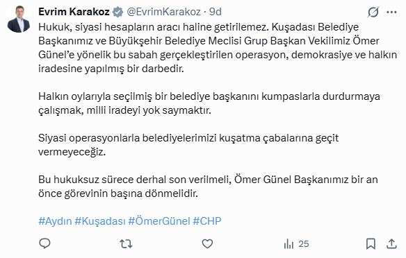 Kuşadası Belediye Başkanı Ömer Günel’in gözaltına alınmasına CHP’li vekillerden tepki
