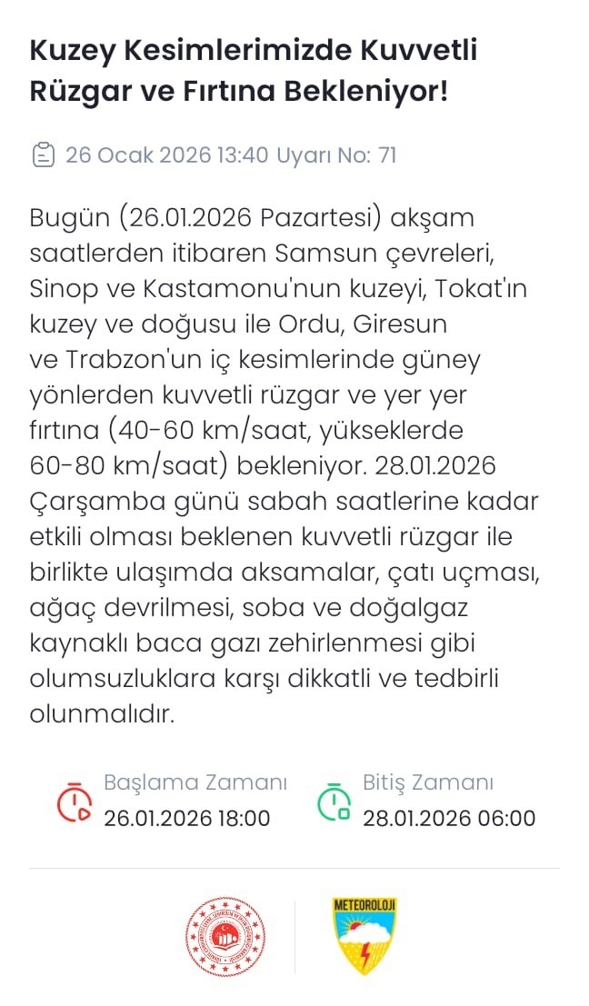 Kuzeyde fırtına alarmı: Rüzgar hızı 80 kilometreye ulaşacak
