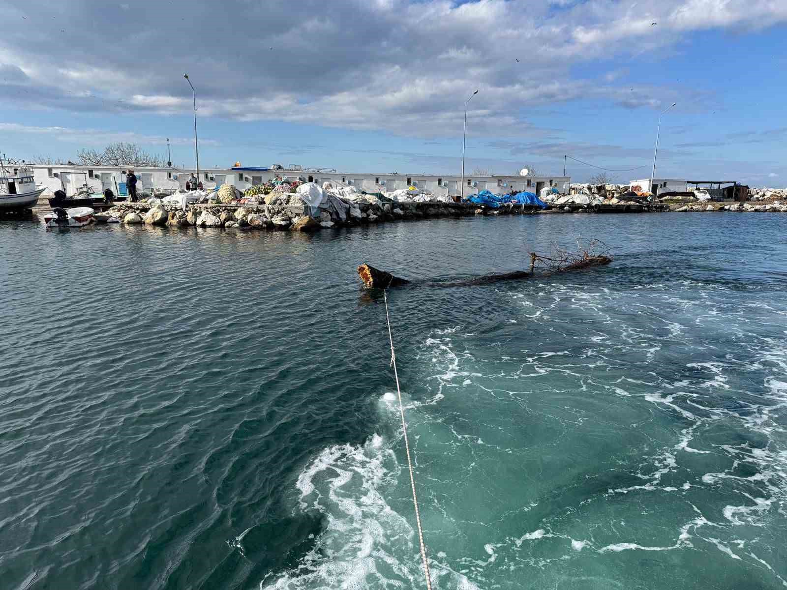 Marmara Denizi’nde feribot trafiği için tehlike oluşturan yüzen ağaç kıyıya çekildi
