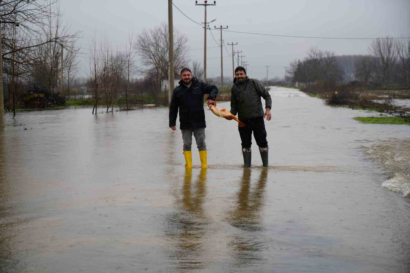 Meriç Nehri’nin taşmasıyla bazı vatandaşlar tarlasında canlı sazan balığı yakaladı
