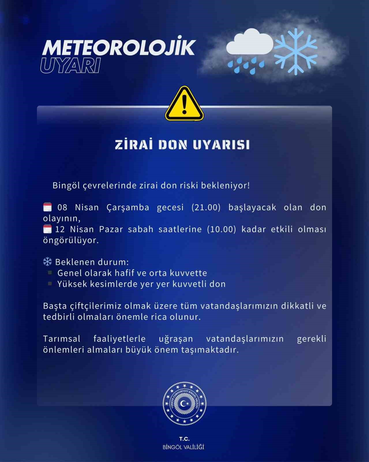 Meteoroloji’den Bingöl için zirai don uyarısı
