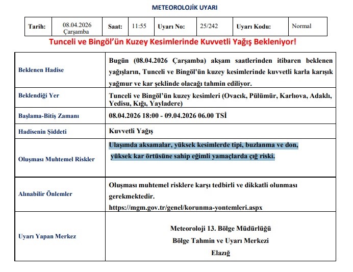 Meteoroloji’den Tunceli ve Bingöl için kuvvetli yağış uyarısı
