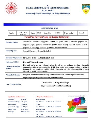 Meteorolojiden Tunceli’ye kuvvetli yağış ve rüzgar uyarısı
