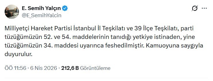 MHP İstanbul İl Teşkilatı ve 39 ilçe teşkilatı birlikte feshedildi
