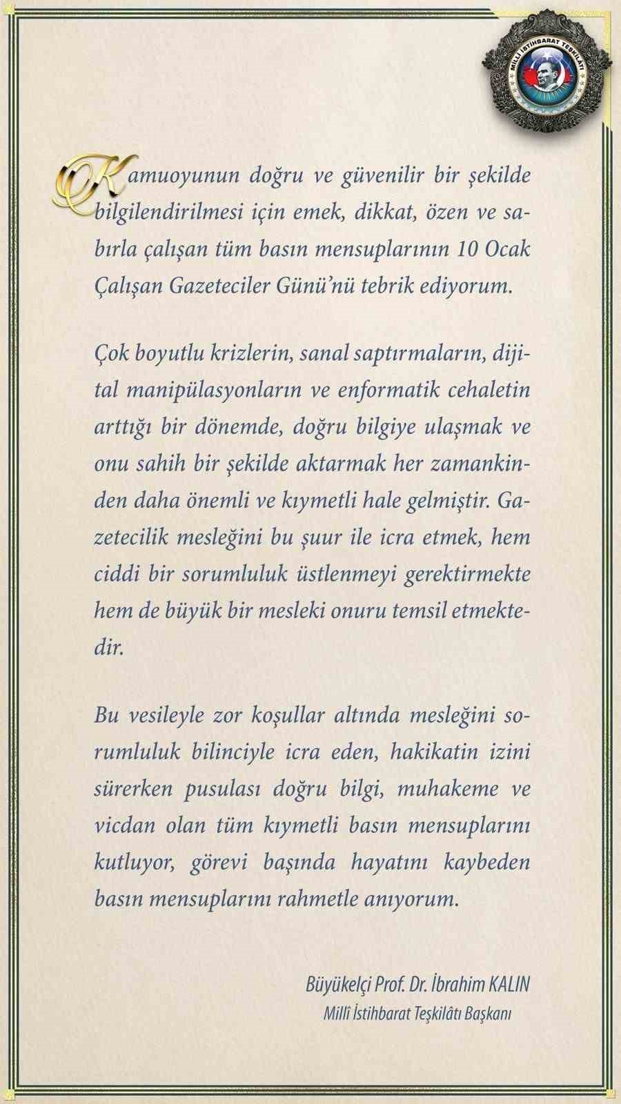 MİT Başkanı Kalın’dan 10 Ocak Çalışan Gazeteciler Günü mesajı
