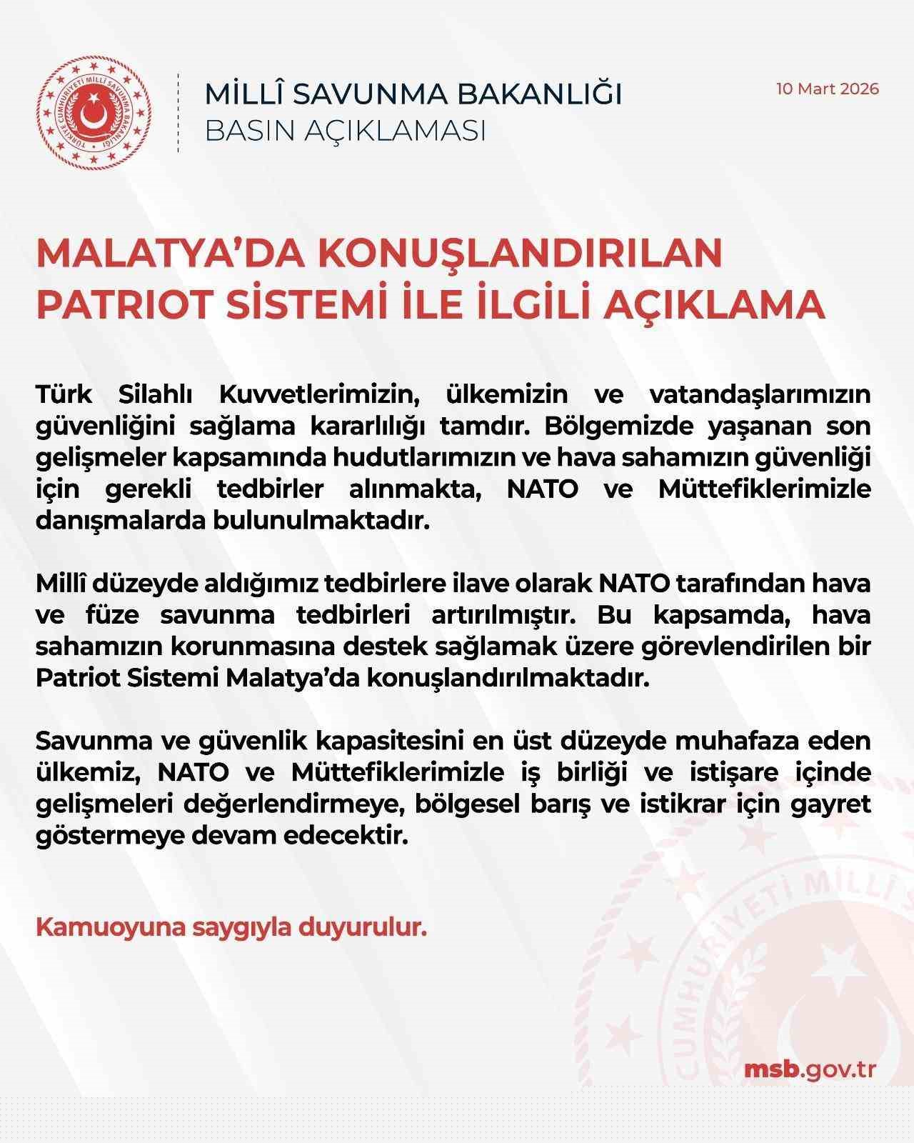 MSB: "Milli düzeyde aldığımız tedbirlere ilave olarak NATO tarafından hava ve füze savunma tedbirleri artırılmıştır"
