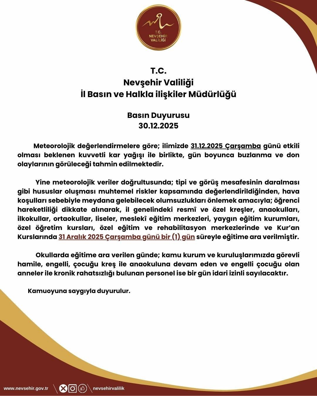 Nevşehir’de eğitime 1 gün ara verildi
